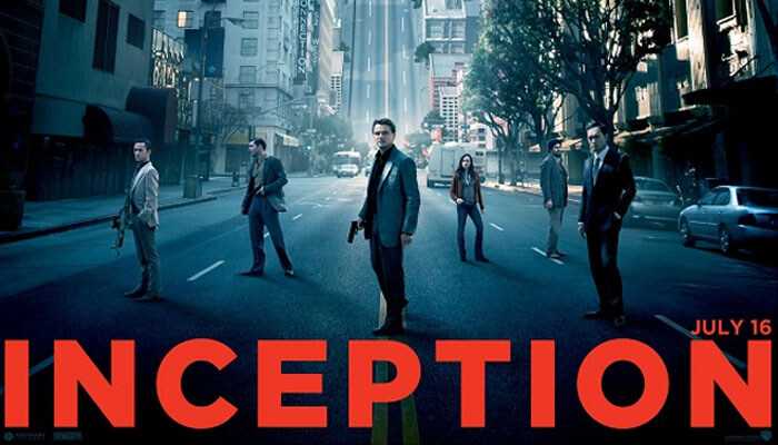 Leonardo dicaprio movies Poster-style image showing a group of six people standing on a city street with tall buildings around them, holding weapons and looking serious, with the large red title text ‘inception’ displayed at the bottom.