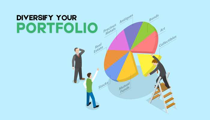 Portfolio | tycoonstory media An illustration of three professionals analyzing a colorful pie chart representing different investment categories, such as real estate, stocks, bonds, and antiques. The image highlights the importance of diversifying your portfolio to make money as a business tycoon, emphasizing smart investment strategies.