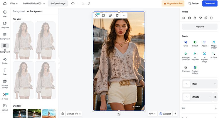 | tycoonstory media Insmind’s ai image editing workspace featuring background replacement, enhancement tools, and fashion model customization.