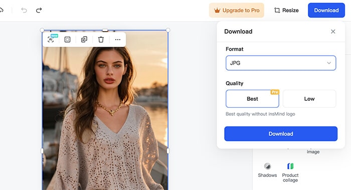 4 | tycoonstory media Insmind’s image export and download panel showing high-quality jpg output options for ai-generated visuals.