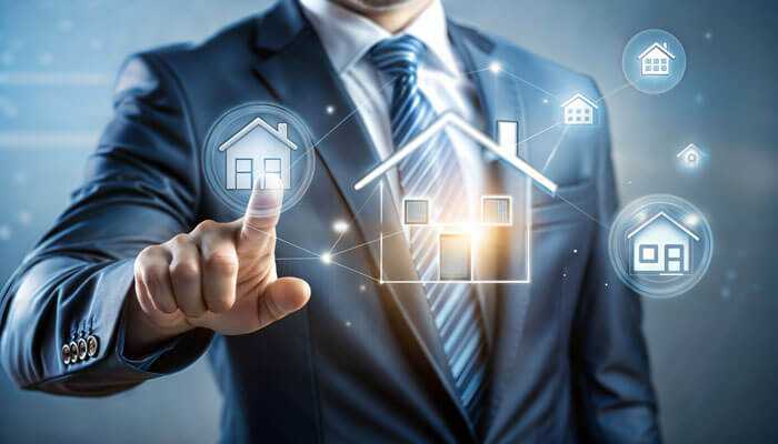 Mortgage marketing funnel A businessman interacting with digital icons of houses, illustrating the application of a mortgage marketing funnel in managing leads and client engagement for the mortgage industry.