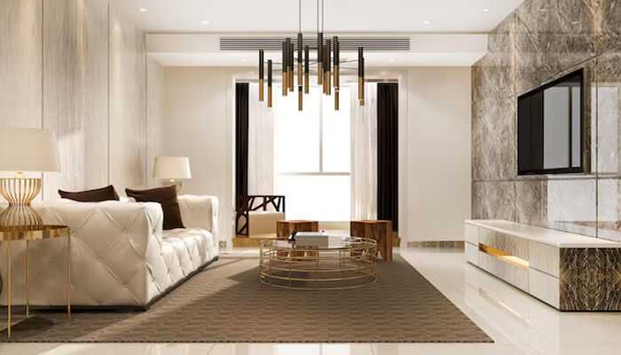 Quiet luxury trend in modern living room with neutral tones, tufted sofa, marble accents, and gold lighting fixture Quiet luxury trend