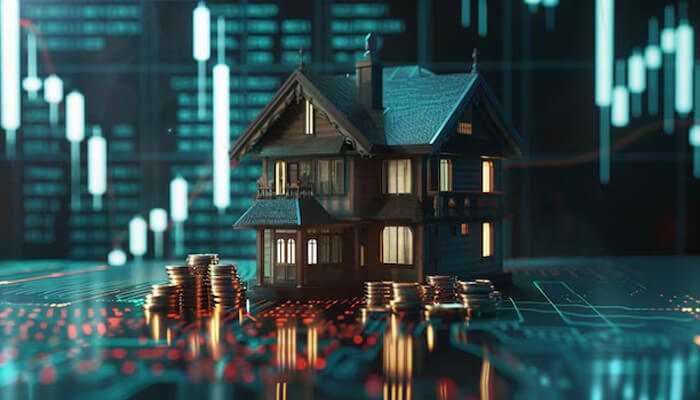 Partick mahomes House and coins set against a digital stock chart, reflecting the real estate and financial aspects of patrick mahomes’ net worth.