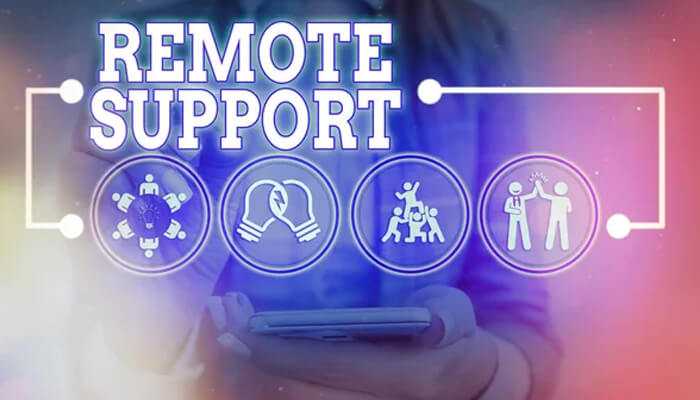 Remote support software A person holding a smartphone with a digital interface above displaying the words remote supports and icons representing various support services, highlighting the concept of remote assistance and collaboration