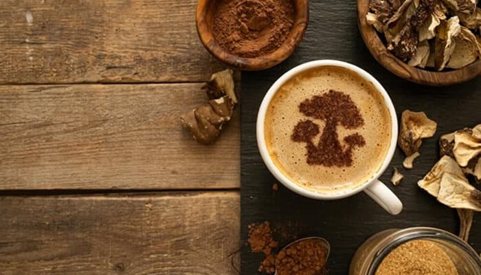 Mushroom coffee A beautifully crafted mushroom coffee with a tree-shaped design made from cocoa powder, accompanied by natural ingredients like dried mushrooms and cocoa.