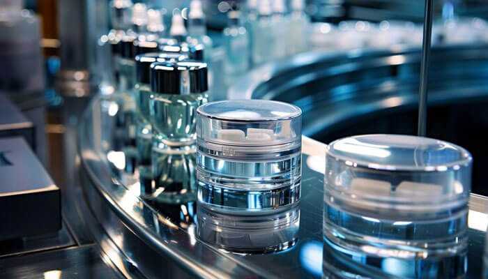 Future of packaging Future of packaging showcased through automated production of transparent cosmetic containers on an advanced manufacturing line, emphasizing innovation, efficiency, and smart packaging solutions.