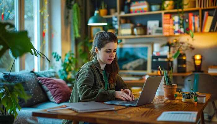 Adapting to the hybrid model - tycoonstory | tycoonstory media A young woman working remotely on her laptop in a cozy home office, surrounded by plants and books, representing the flexibility of the future of remote work