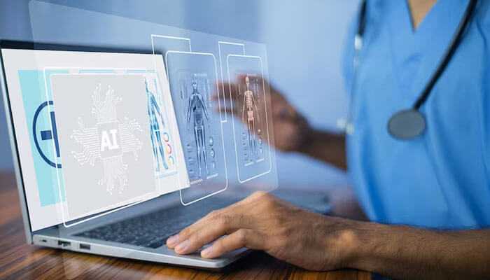 Benefits of ai in diagnostics- tycoonstory | tycoonstory media Ai-driven healthcare professional using ai powered diagnostic tools with holographic medical imaging