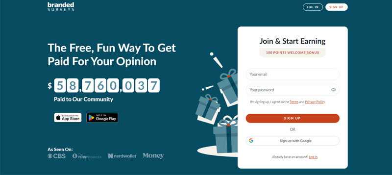 Branded surveys site to make money from surveys Branded surveys website promoting surveys to earn money with community payout display.