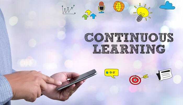 Continuous learning the importance of ongoing development - tycoonstory | tycoonstory media Smartphone display with words continuous learning, career coaching icons, symbols of growth, ideas and learning.