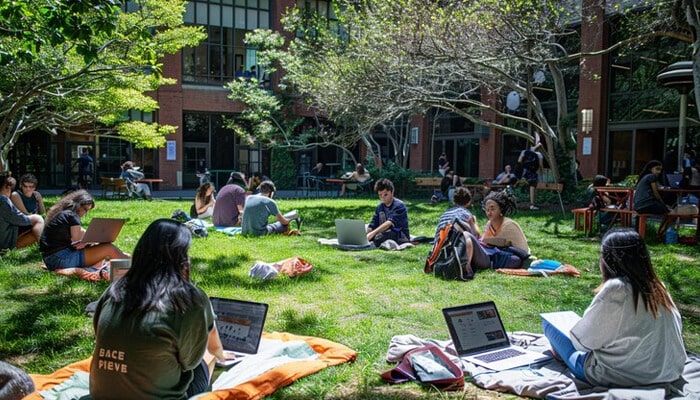 Students studying outdoors in a campus courtyard, using laptops to complete online high school courses in a calm, natural environment. Online high school courses