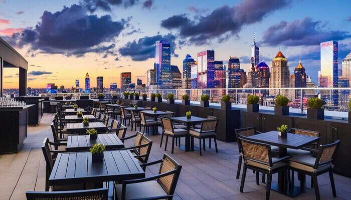 Dine at shurfa lounge - tycoonstory | tycoonstory media Rooftop dining area with a stunning cityscape view at sunset or dusk most likely from a major metropolitan city which doesnt directly relate to a car rental in riyadh