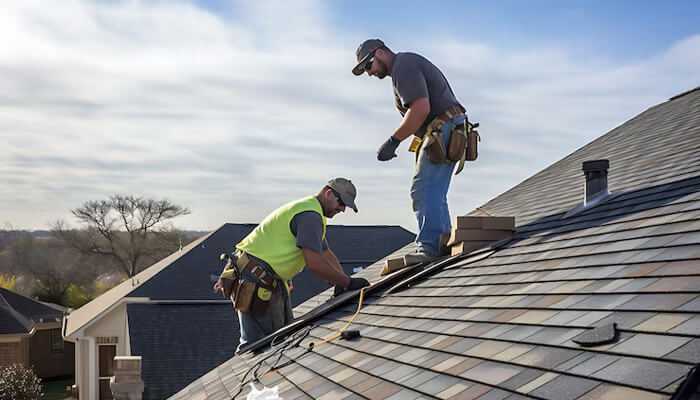 Dont go looking for a cheap roof replacement - tycoonstory | tycoonstory media Two members are working on roof replacement and wearing safety tools and a safety jacket, with a blue sky in the background.