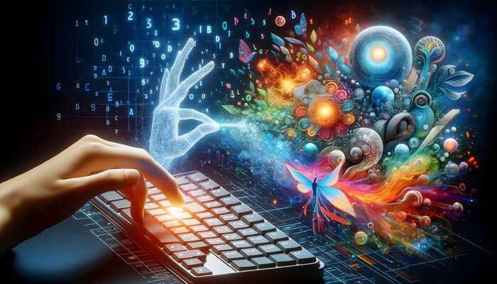 Enhancing marketing and branding with custom ai images - tycoonstory | tycoonstory media Ai-generated digital art: a hand pressing the keyboard, creative abstract elements splash into the air.