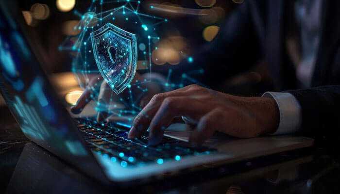 Essential cybersecurity practices for startups - tycoonstory | tycoonstory media Person typing on a laptop with digital cybersecurity graphics, illustrating cybersecurity essentials for startups and secure web hosting