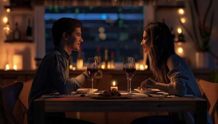 Getting ready for a quick dating event - tycoonstory | tycoonstory media A boy girl and girl are sitting in chairs around table and food and three glasses of drink at a quick dating event.