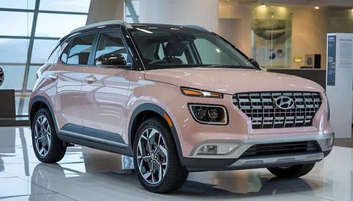 Light pink hyundai venue in a showroom, part of hyundai small suv models for stylish city driving Hyundai small suv models