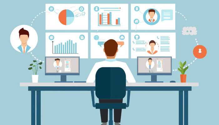 Identifying the right features - tycoonstory | tycoonstory media Person managing hr tasks on many screens such as employee profiles, charts, data analytics and illustration of hr software for smbs