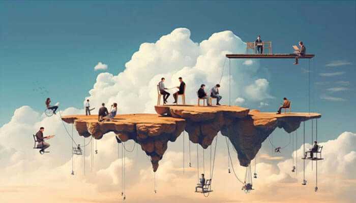 Improved operational efficiency - tycoonstory | tycoonstory media People working on floating rock platforms suspended in the sky, symbolizing remote work, collaboration in unconventional environments, or creative thinking beyond traditional boundaries