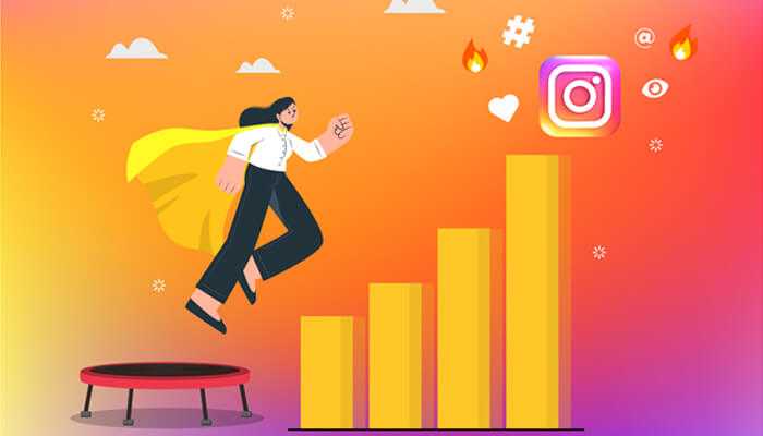 Jump on trends - tycoonstory | tycoonstory media An illustration of a caped woman trampolining toward rising bar graphs, represents instagram growth.