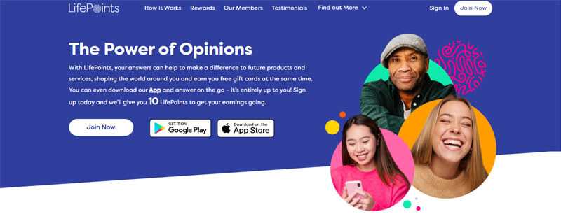 Online surveys to earn money Lifepoints landing page offering surveys to earn money and free gift cards for feedback.