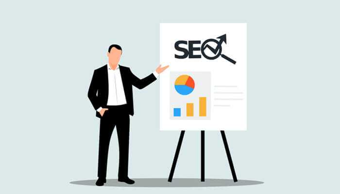 Measuring success and roi - tycoonstory | tycoonstory media Illustration of a person presenting seo performance charts on a whiteboard, emphasizing the role of ai seo tool in improving search engine optimization.