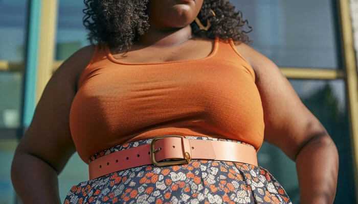 Statement accessories that complement plus-size outfits - tycoonstory | tycoonstory media Plus size clothing in orange tank top and floral skirt, buckled at the waist with a wide belt accentuating statement accessories