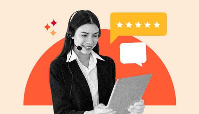 Supporting remote work environments - tycoonstory | tycoonstory media A customer support representative wearing a headset, holding a tablet, with a five-star rating and speech bubbles in the background, symbolizing high-quality customer service and positive feedback