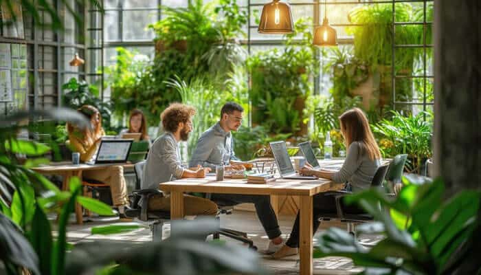 Sustainability and office design - tycoonstory | tycoonstory media A modern, biophilic office space showcasing smart workplace solutions, with employees collaborating at a desk surrounded by greenery and natural light for enhanced productivity and well-being.