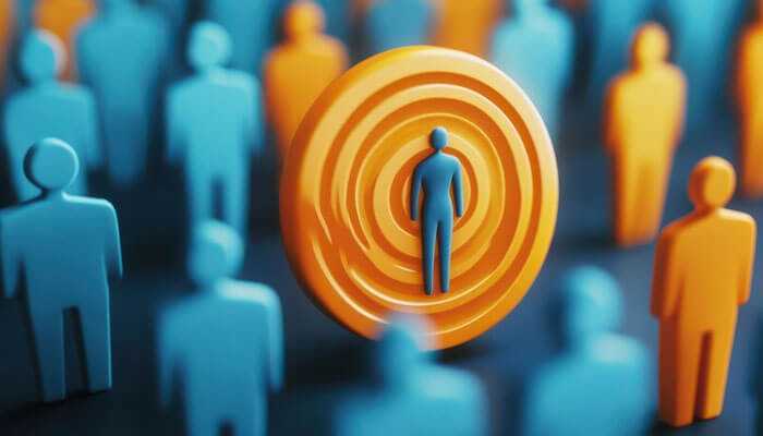 Target right audience - tycoonstory | tycoonstory media The image of a central figure on the target logo in the middle of the group, representing the idea of targeting a specific audience for a local business through strategic domain name