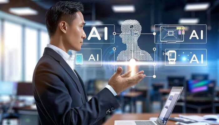 The value of human expertise in ai-driven solutions - tycoonstory | tycoonstory media Tomedes ceo ofer tirosh interacting with digital ai icons in a modern office, symbolizing the integration of artificial intelligence in business workflows and processes.