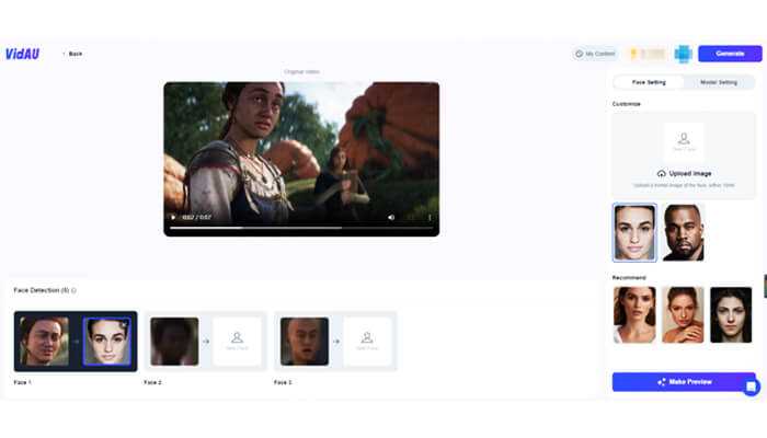 Upload the picture and video to vidau for face swap video online creation - tycoonstory | tycoonstory media An uploaded face model compared to a video character face which results on the right; both show similar facial features.