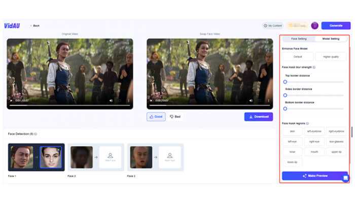 Use vidaus swap face online free feature - tycoonstory | tycoonstory media Vidau interface when selecting the face model to be applied in the swapping of the face in the video; users are at liberty to either upload their file or select recommended faces.