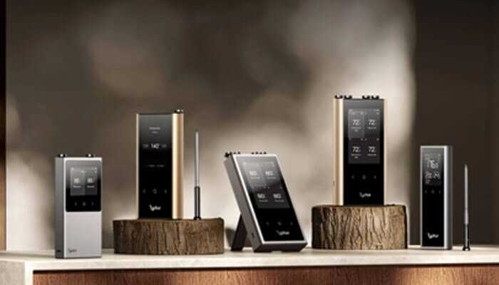 What are wireless meat thermometers | tycoonstory media Lineup of typhur wireless meat thermometers in silver and gold with digital screens and probes on a wooden surface.