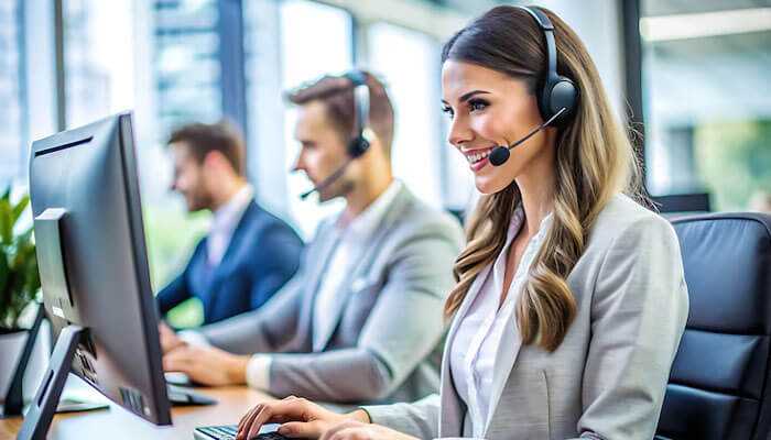 What customer service trends should you jump on now - tycoonstory 1 | tycoonstory media Customer service representatives in a modern office, wearing headsets and engaging with clients, showcasing customer service trends in support and engagement