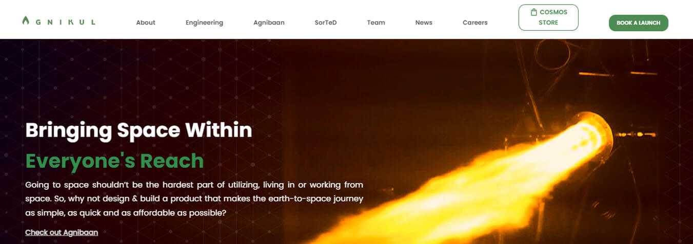 Agnilkul - tycoonstory | tycoonstory media Agnikul homepage, depicting the mission of making space travel less expensive with its innovative designs.