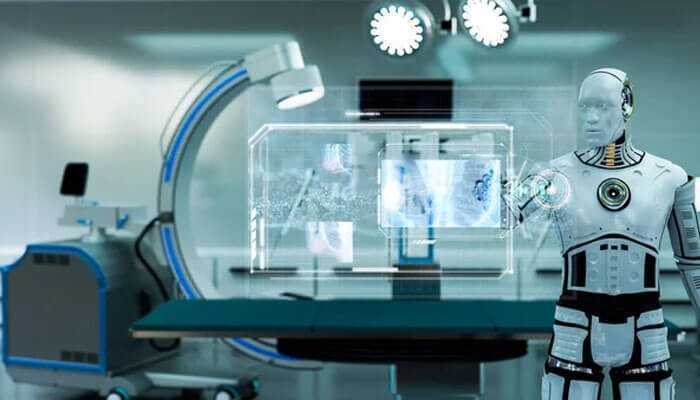 Ai chatbots cant handle complex medical queries - tycoonstory | tycoonstory media Robot with a holographic display in a futuristic operating room, symbolizing healthcare ai chatbots and technology.