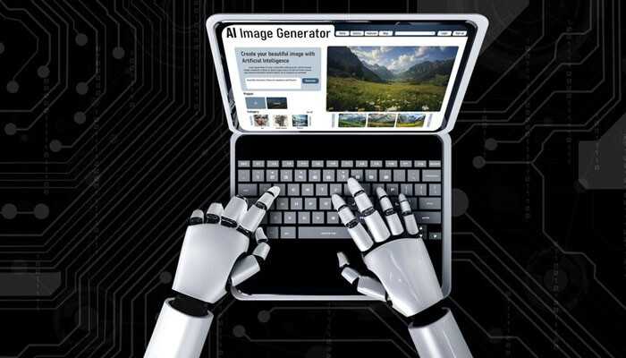 Avoiding manipulation - tycoonstory | tycoonstory media Robot hands typing on a laptop with an ai image generation, symbolizing artificial intelligence with creative technologies.