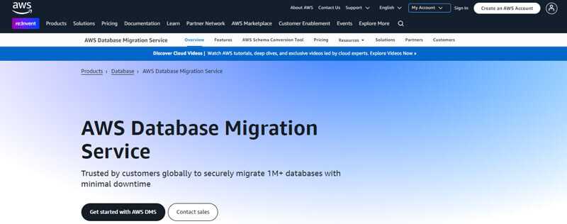 Aws database migration - tycoonstory | tycoonstory media Aws database migration service webpage highlighting a trusted solution for securely migrating over 1m+ databases with minimal downtime. Features include a get started with aws dm button and options to contact sales