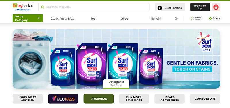 Big basket - tycoonstory | tycoonstory media Big basket e-store featuring surf excel brands of detergents along with other categories such as groceries, tea, ghee, and many more.