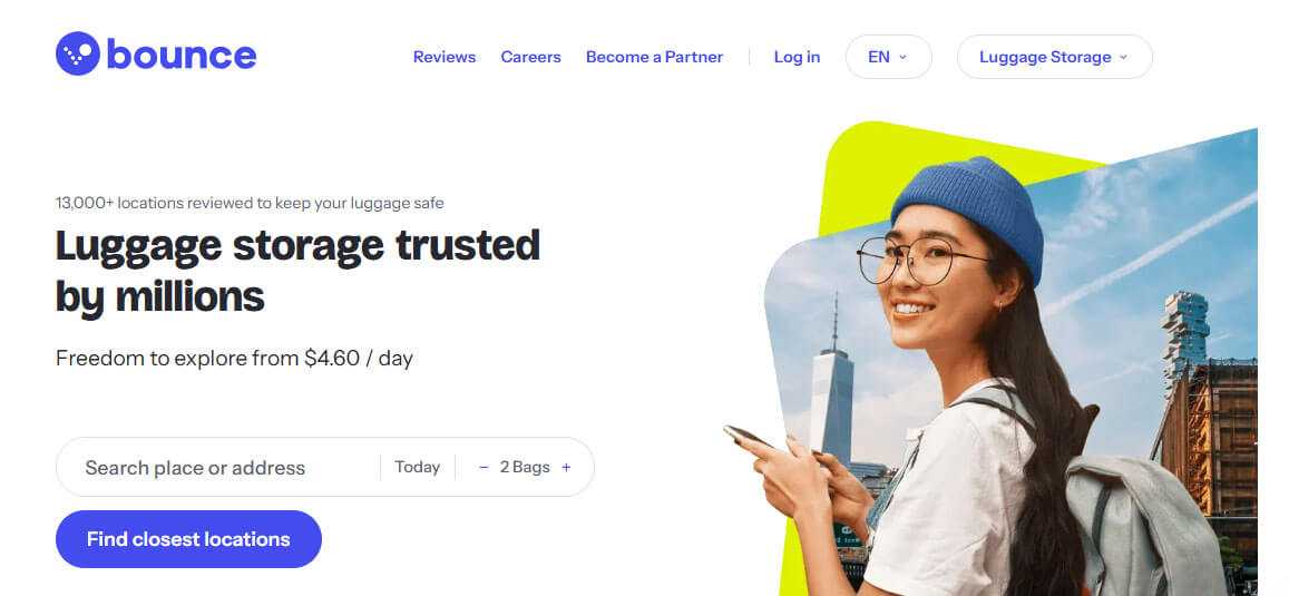 Bounce - tycoonstory | tycoonstory media Bounce homepage advertising luggage storage services with trusted reviews and locations.