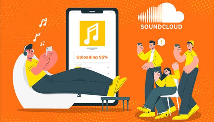 Build anticipation for future releases - tycoonstory | tycoonstory media Illustration of a musician uploading a track on soundcloud, with friends eagerly engaging on their phones, symbolizing the anticipation and engagement generated by buying soundcloud plays to boost visibility and audience interaction