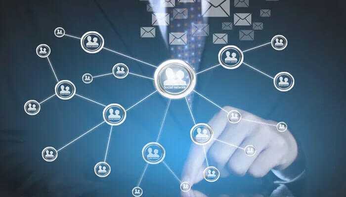 Building trust with recipients - tycoonstory | tycoonstory media Businessman interacting with a digital network, showing short urls in email campaigns for effective communication links.