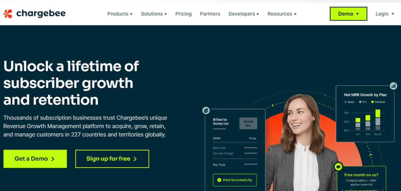 Chargebee - tycoonstory | tycoonstory media Chargebee homepage highlighting tools for global subscription growth and retention, with demos and free sign-up options.