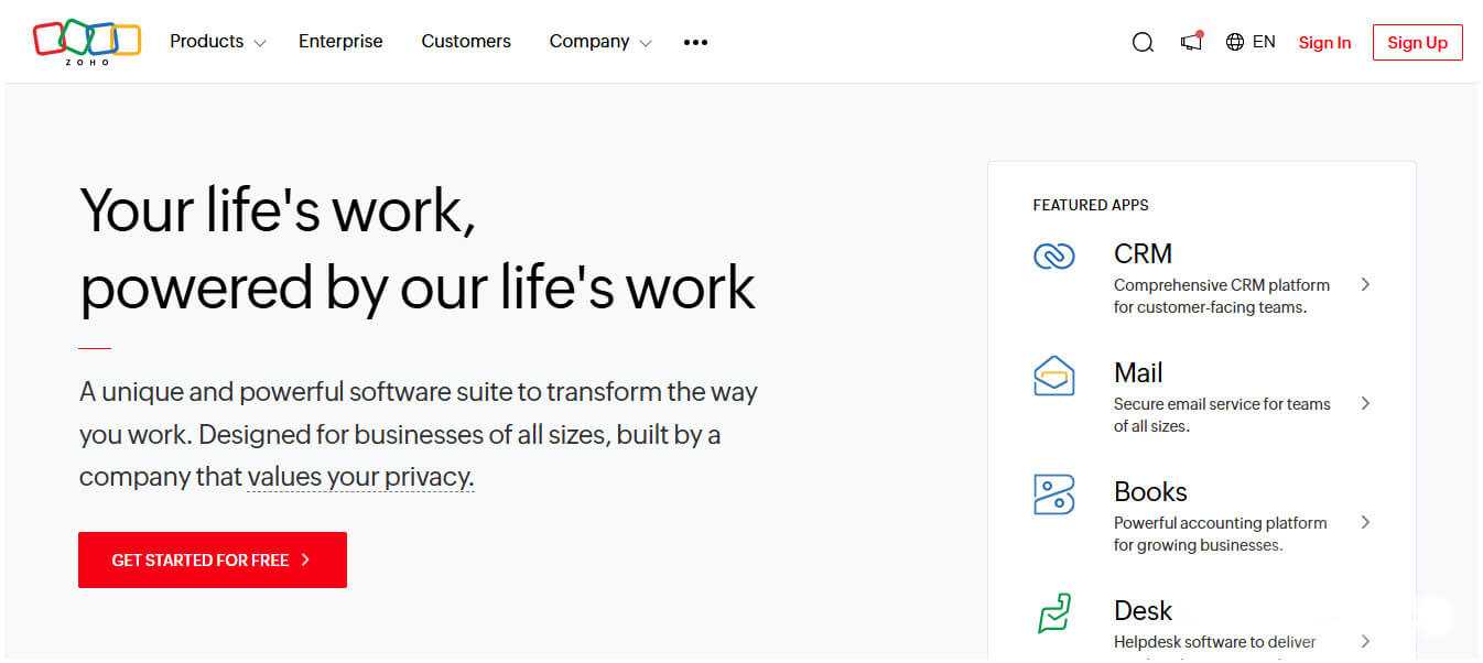 Zoho - tycoonstory | tycoonstory media Zoho homepage offering a software suite with crm, mail, books, and desk for businesses, emphasizing productivity and privacy.