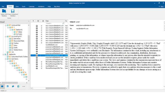 Choose the items for conversion - tycoonstory | tycoonstory media Email management tool displaying a list of emails in the left pane and the content of a selected email on the right, showing a mathematical example and a company disclaimer.