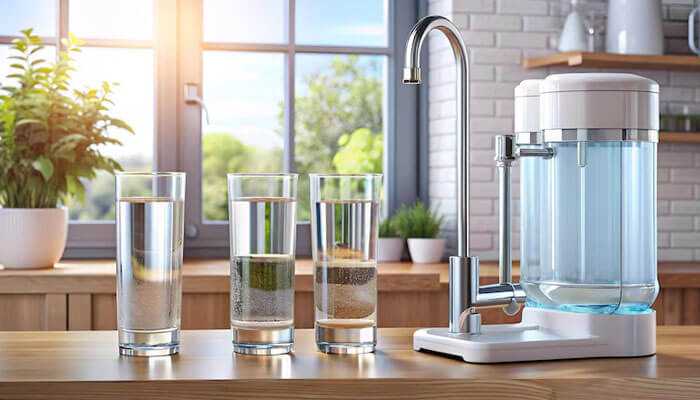 Comparisons with other simpure systems - tycoonstory | tycoonstory media Glasses of purified water on a kitchen counter showcasing clean filtration similar to simpure y9t performance.