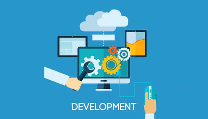 Custom module development skills - tycoonstory | tycoonstory media Illustration of a development concept with gears, cloud, and tools on a screen that symbolizes how to hire drupal developers.