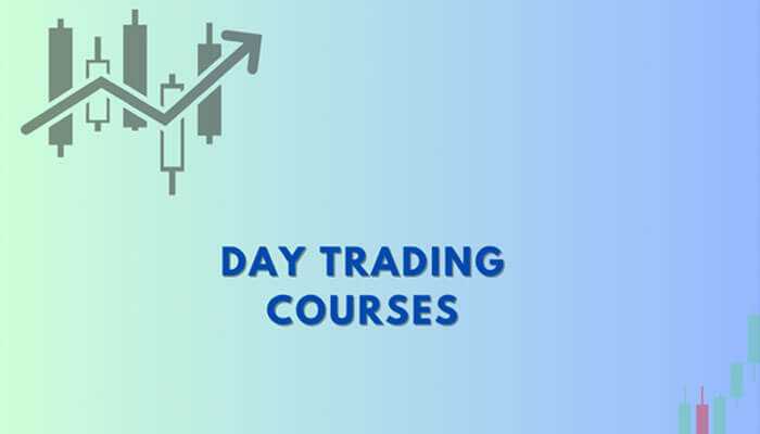 Day trading courses | tycoonstory media Day trading courses: trend-up arrow over a candlestick chart with a gradient background and a chart of a financial market.