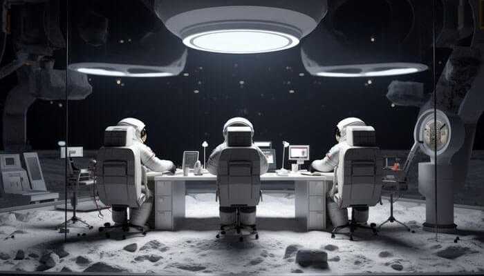 Deep space research - tycoonstory | tycoonstory media Astronauts working at a high-tech station on the moon, showcasing the future of space tourism and research on extraterrestrial environments.